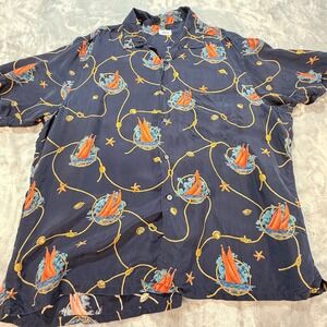 Brioni Mens XL Navy Nautical Sailboat Rope Print Short Sleeve Button Up Shirt